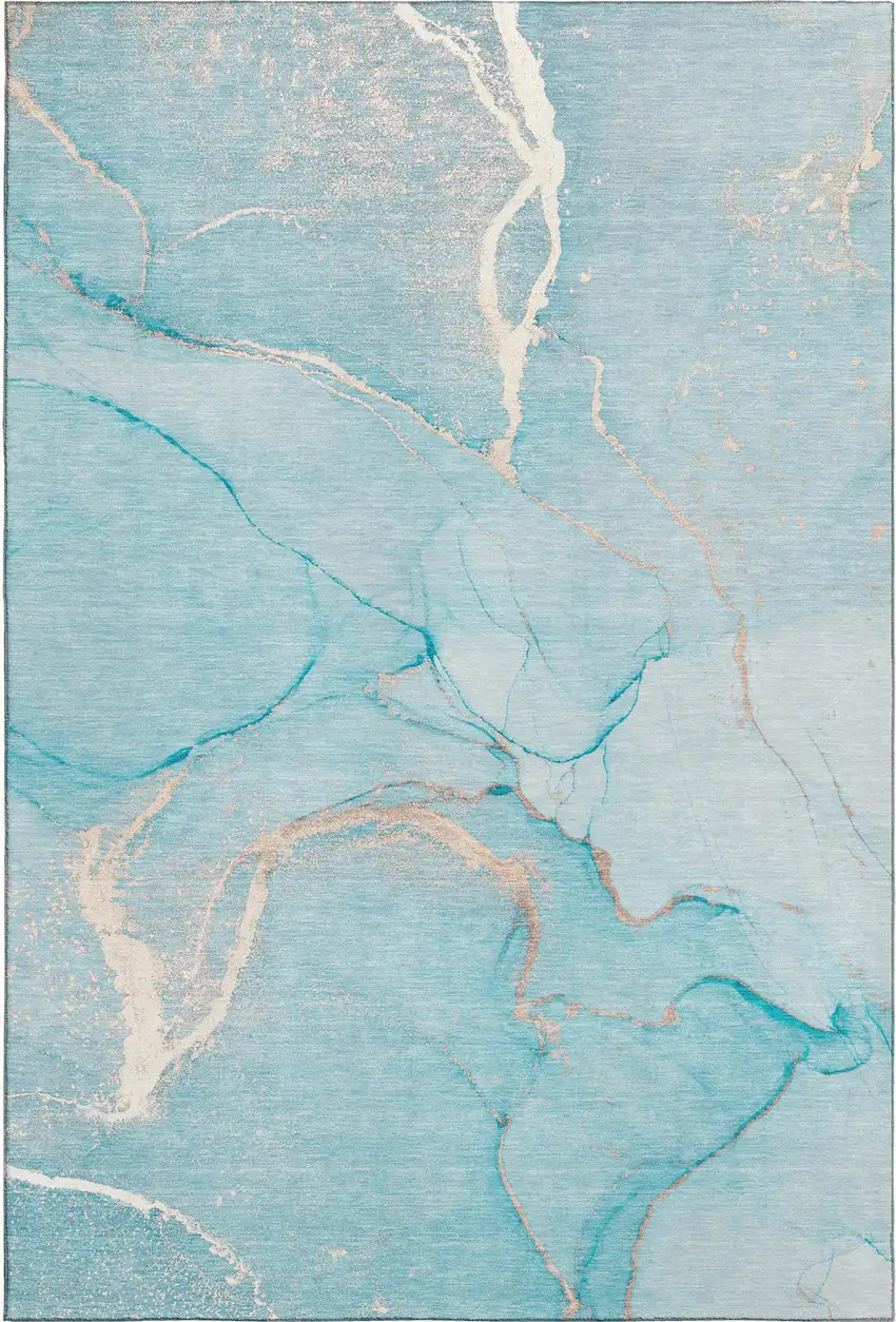 Teal And Ivory Abstract Washable Area Rug With UV Protection Photo 1