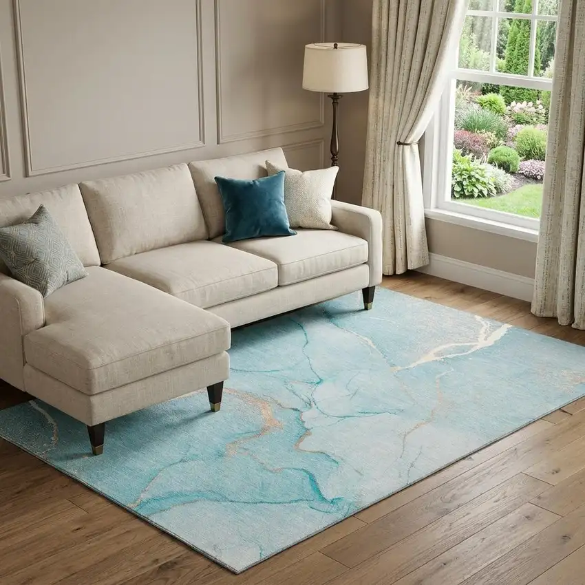 Teal And Ivory Abstract Washable Area Rug With UV Protection Photo 1