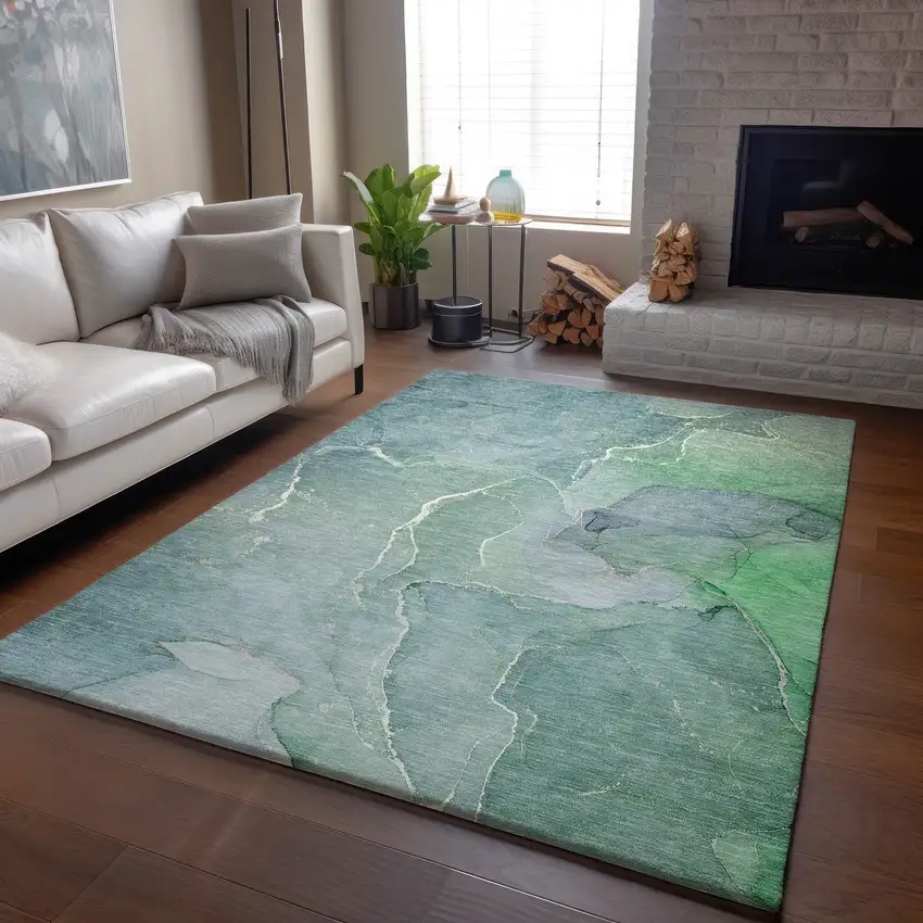 Teal And Ivory Abstract Washable Area Rug With UV Protection Photo 6