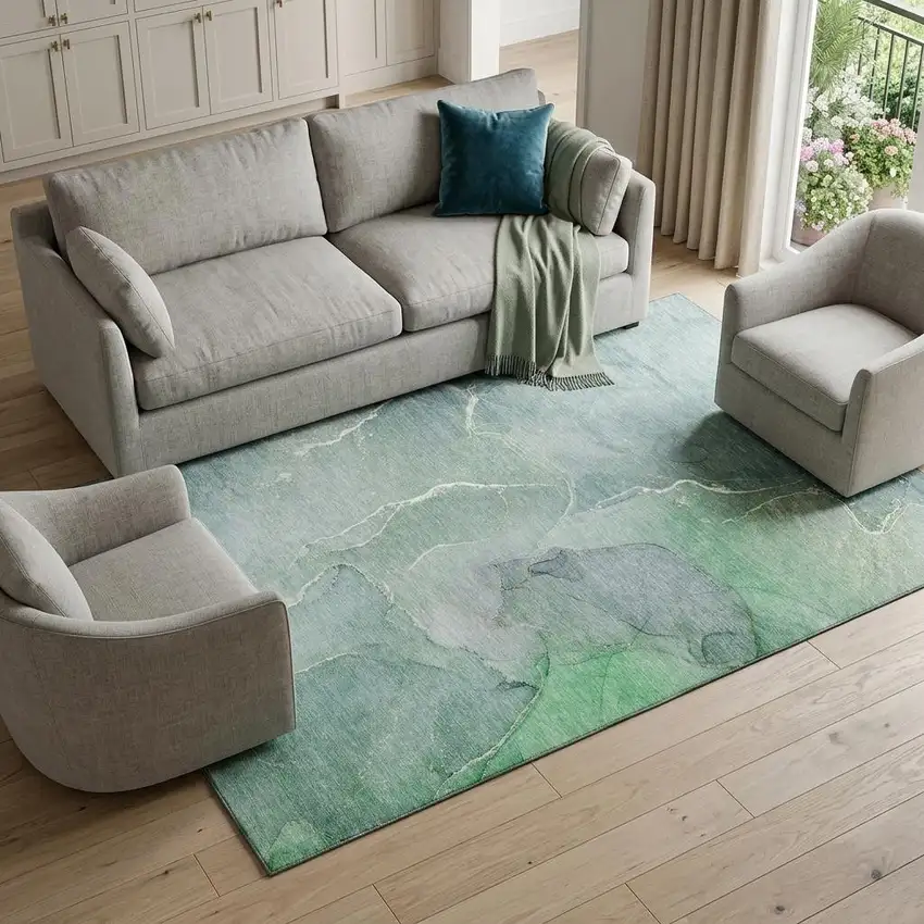 Teal And Ivory Abstract Washable Area Rug With UV Protection Photo 1