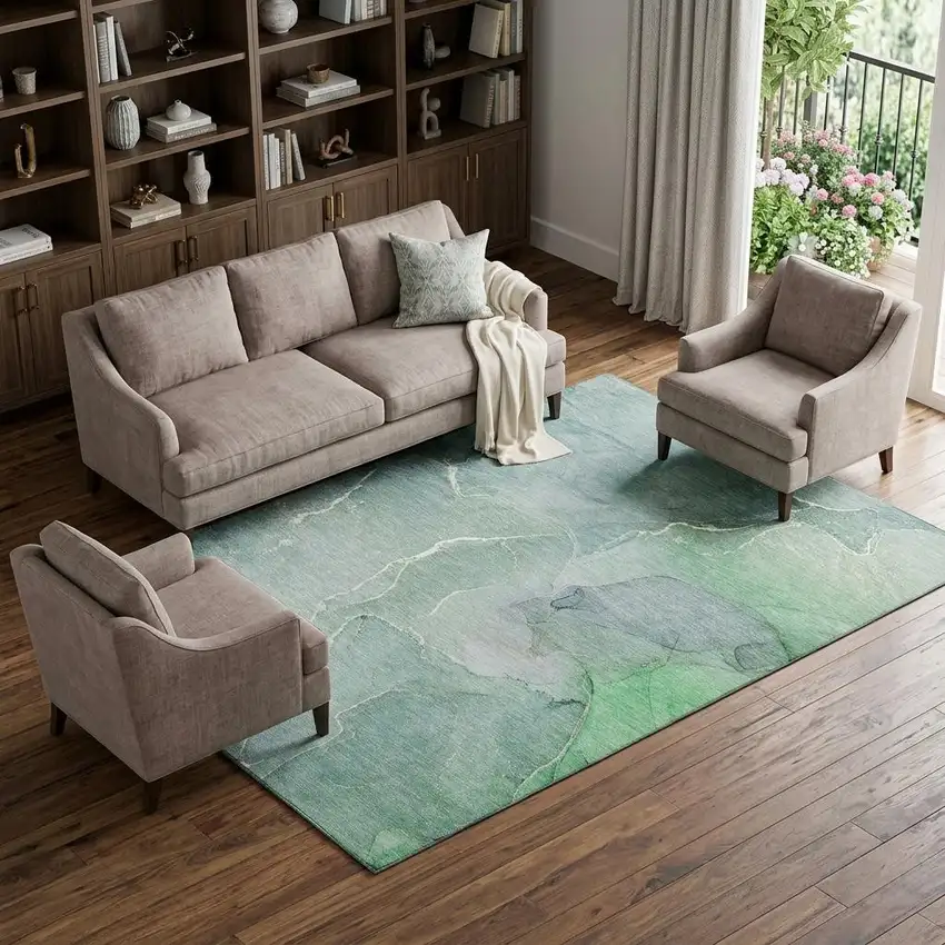 Teal And Ivory Abstract Washable Area Rug With UV Protection Photo 1