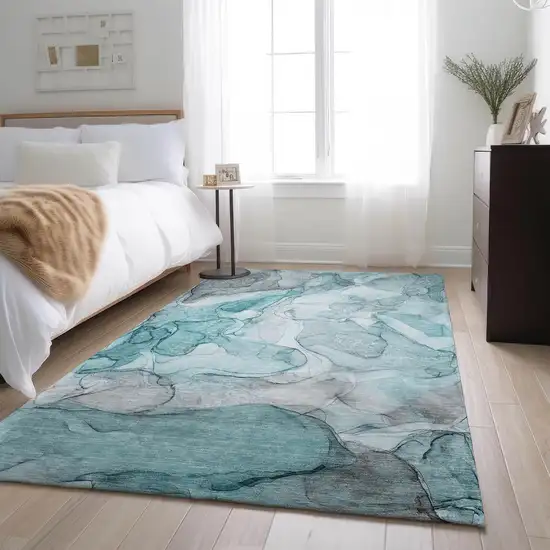 Teal And Ivory Abstract Washable Area Rug With UV Protection Photo 5