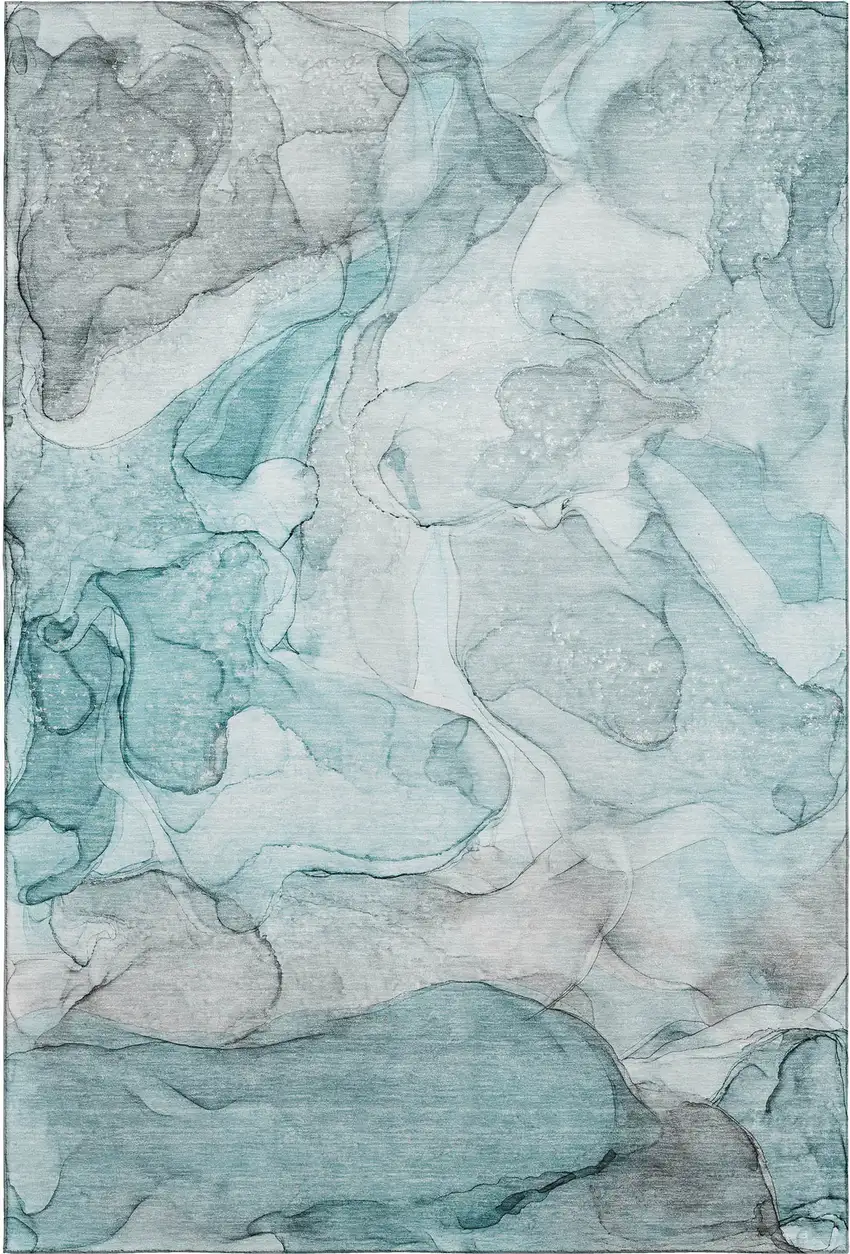 Teal And Ivory Abstract Washable Area Rug With UV Protection Photo 2