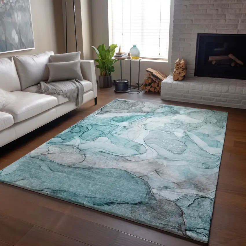 Teal And Ivory Abstract Washable Area Rug With UV Protection Photo 6