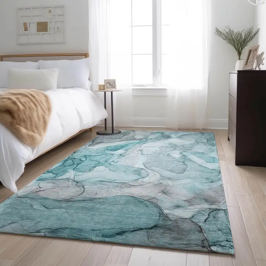 Teal And Ivory Abstract Washable Area Rug With UV Protection Photo 5