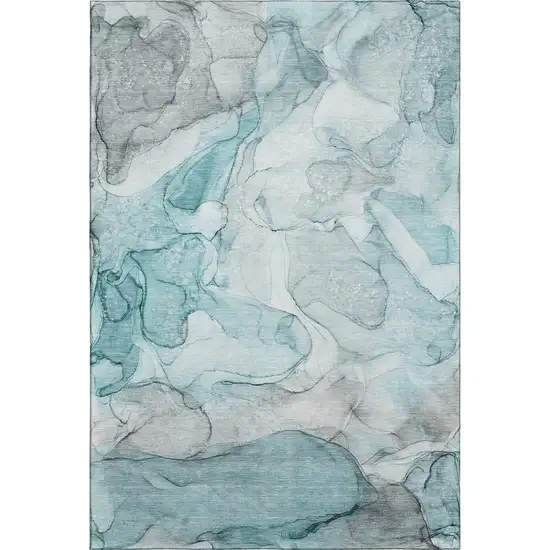 Teal And Ivory Abstract Washable Area Rug With UV Protection Photo 1