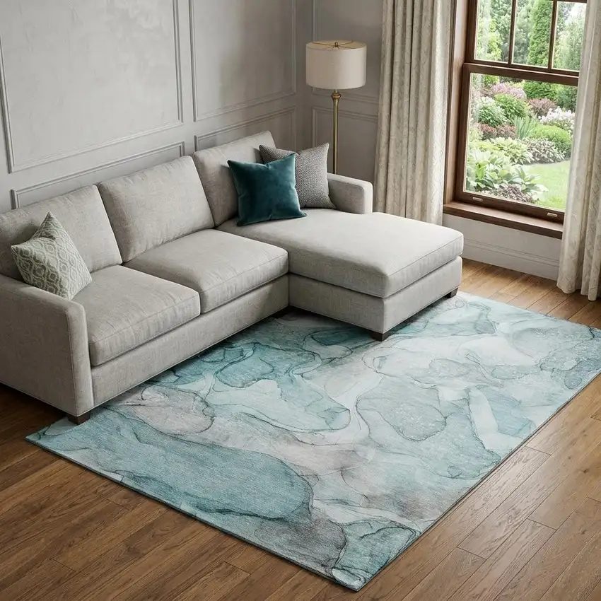 Teal And Ivory Abstract Washable Area Rug With UV Protection Photo 1