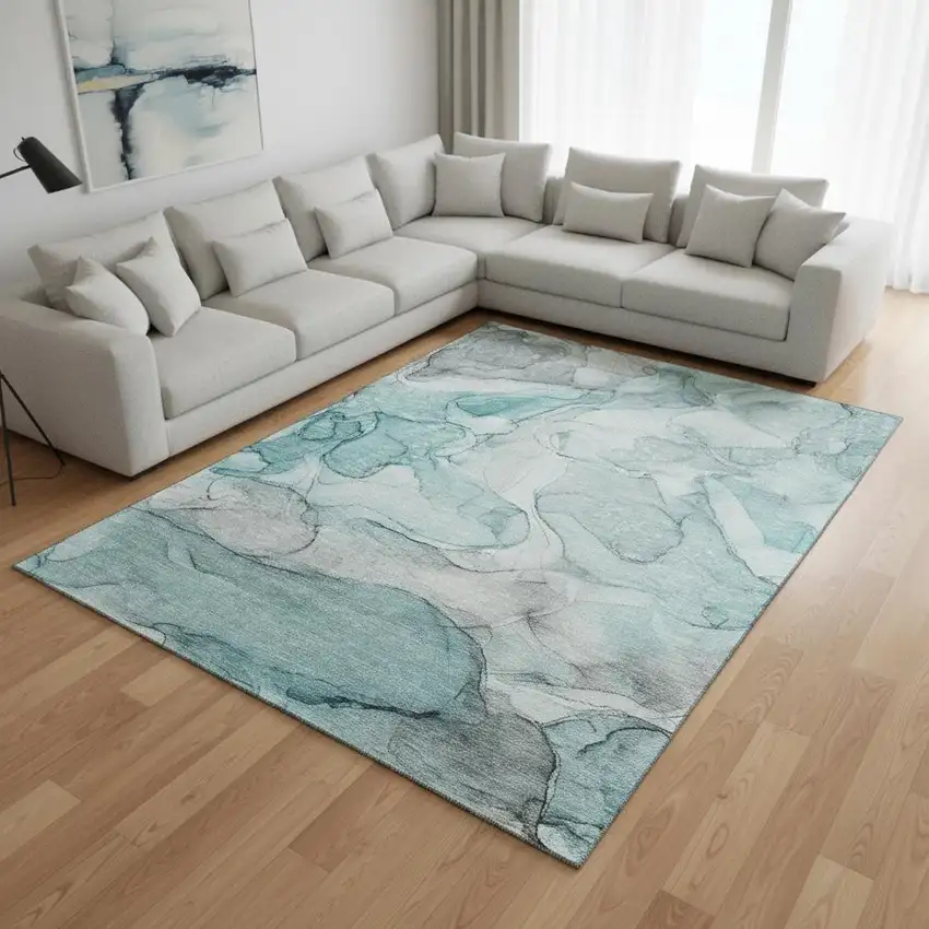 Teal And Ivory Abstract Washable Area Rug With UV Protection Photo 1