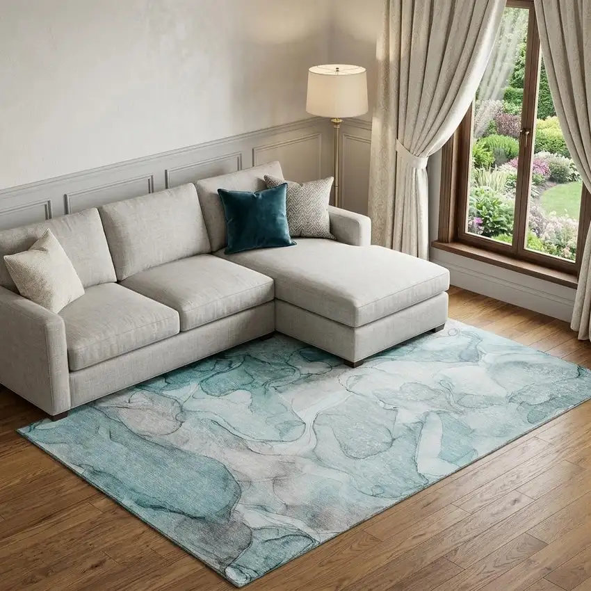 Teal And Ivory Abstract Washable Area Rug With UV Protection Photo 1