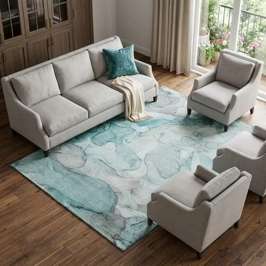 Teal And Ivory Abstract Washable Area Rug With UV Protection Photo 1