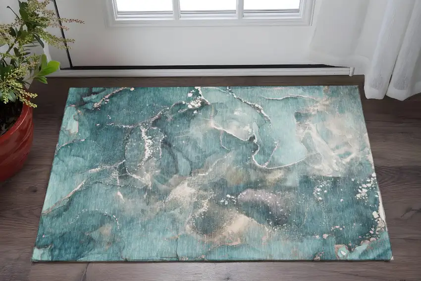 Teal And Ivory Abstract Washable Area Rug With UV Protection Photo 2