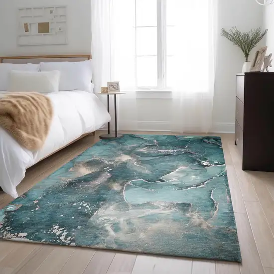 Teal And Ivory Abstract Washable Area Rug With UV Protection Photo 6