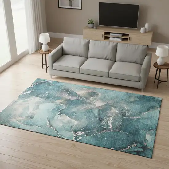 Teal And Ivory Abstract Washable Area Rug With UV Protection Photo 2