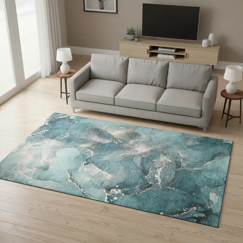Teal And Ivory Abstract Washable Area Rug With UV Protection Photo 2