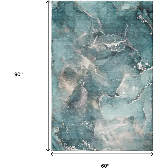 Teal And Ivory Abstract Washable Area Rug With UV Protection Photo 9
