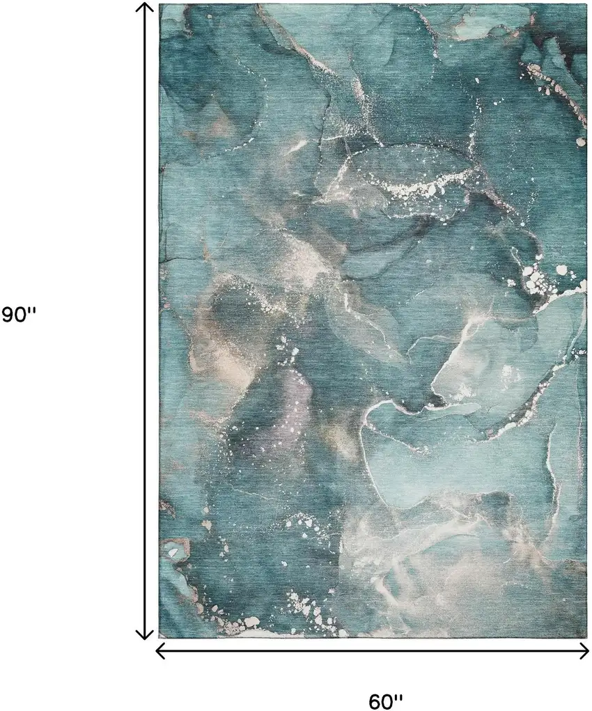 Teal And Ivory Abstract Washable Area Rug With UV Protection Photo 9
