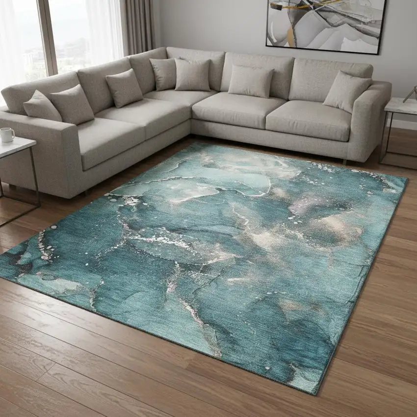 Teal And Ivory Abstract Washable Area Rug With UV Protection Photo 1