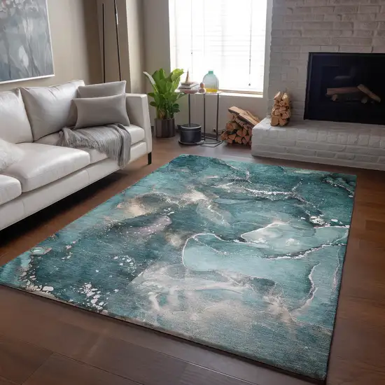Teal And Ivory Abstract Washable Area Rug With UV Protection Photo 6