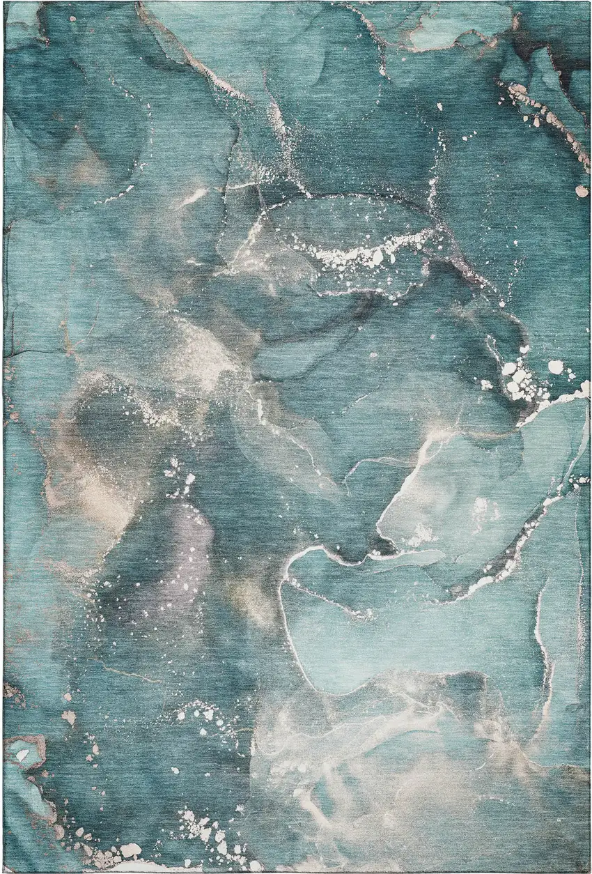 Teal And Ivory Abstract Washable Area Rug With UV Protection Photo 1