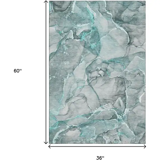 Teal And Ivory Abstract Washable Area Rug With UV Protection Photo 3