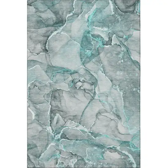 Teal And Ivory Abstract Washable Area Rug With UV Protection Photo 4