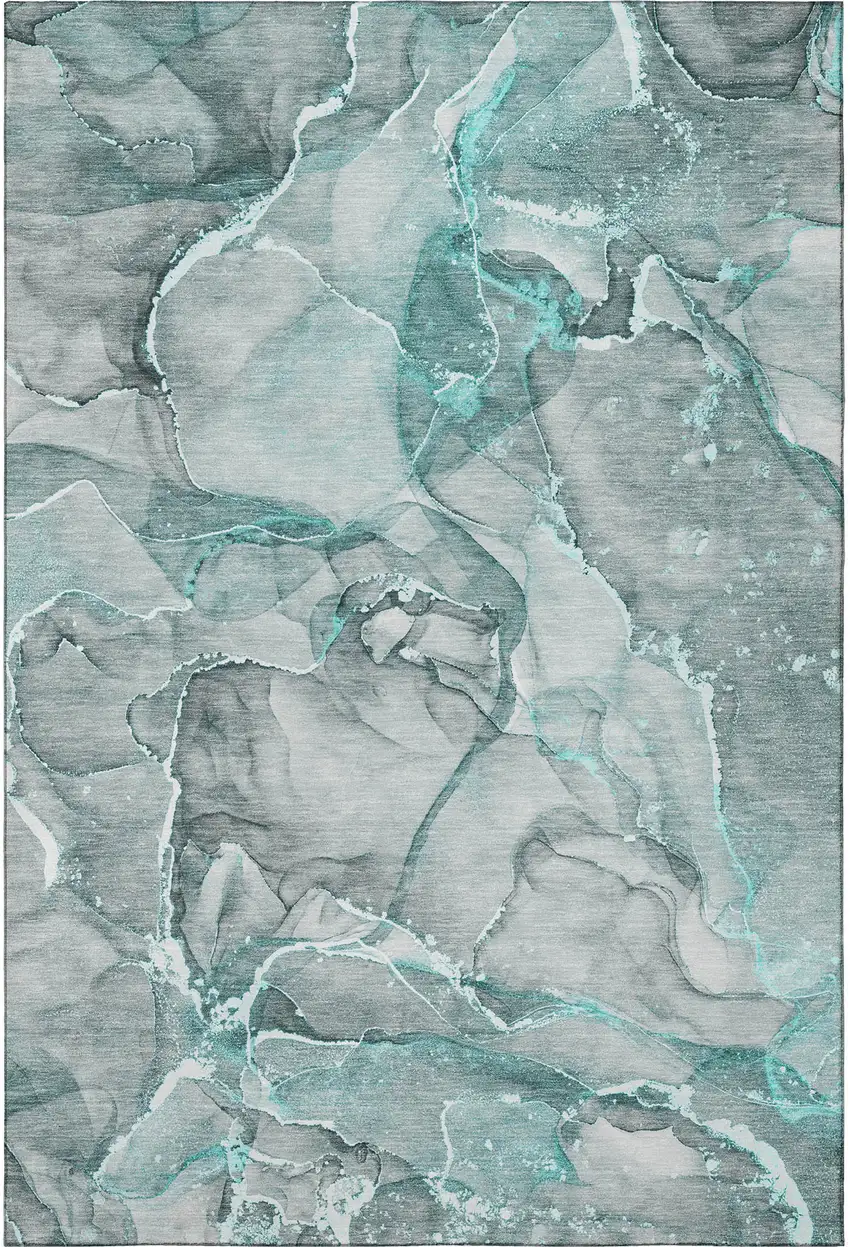 Teal And Ivory Abstract Washable Area Rug With UV Protection Photo 4