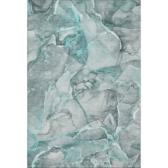 Teal And Ivory Abstract Washable Area Rug With UV Protection Photo 1