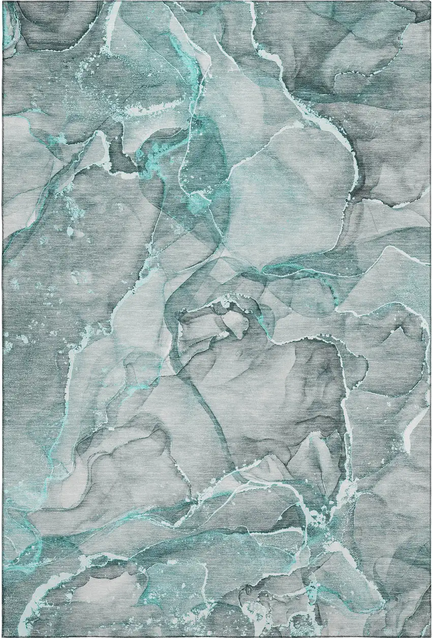 Teal And Ivory Abstract Washable Area Rug With UV Protection Photo 1
