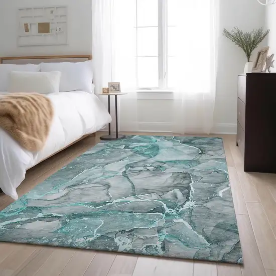 Teal And Ivory Abstract Washable Area Rug With UV Protection Photo 5