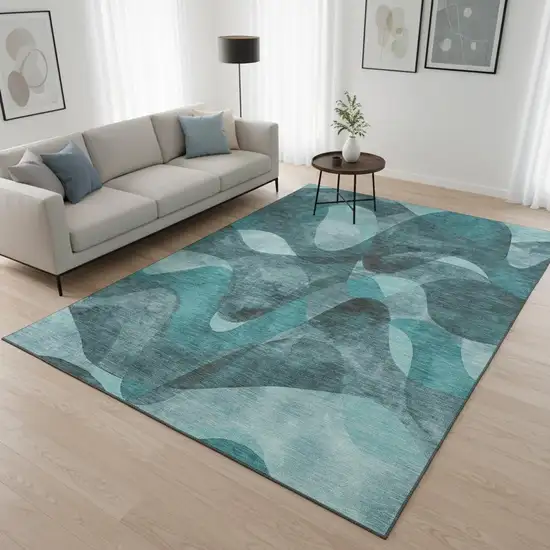 Teal And Ivory Abstract Washable Area Rug With UV Protection Photo 2