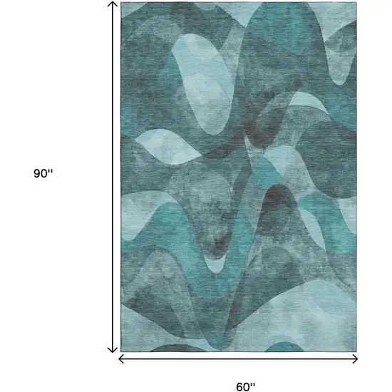 Teal And Ivory Abstract Washable Area Rug With UV Protection Photo 3