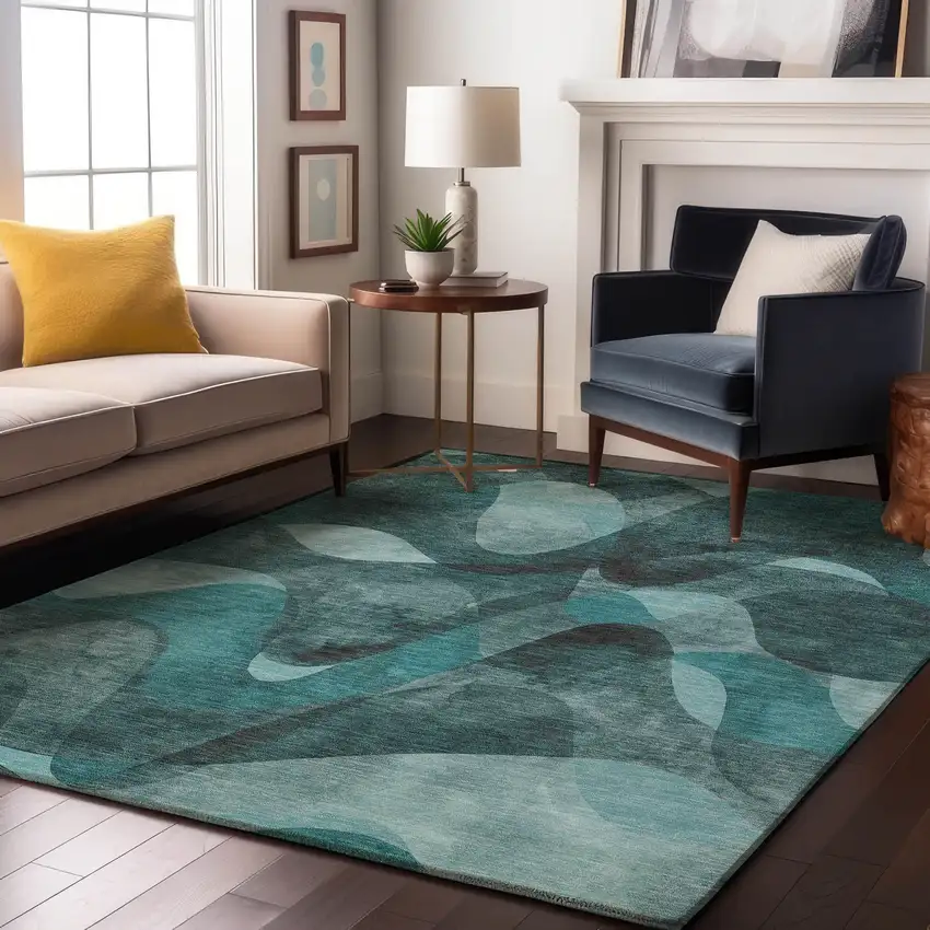 Teal And Ivory Abstract Washable Area Rug With UV Protection Photo 5