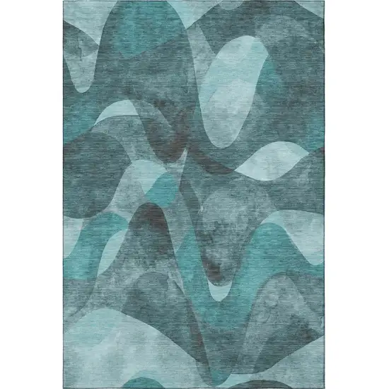 Teal And Ivory Abstract Washable Area Rug With UV Protection Photo 4