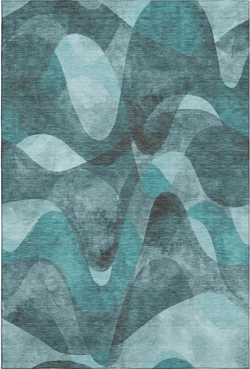 Teal And Ivory Abstract Washable Area Rug With UV Protection Photo 1