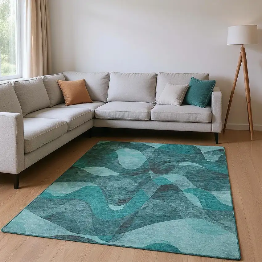 Teal And Ivory Abstract Washable Area Rug With UV Protection Photo 2