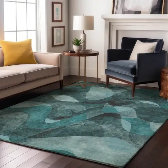 Teal And Ivory Abstract Washable Area Rug With UV Protection Photo 4
