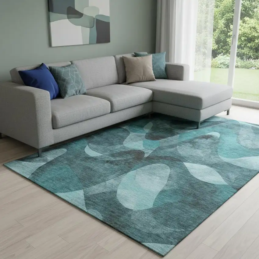 Teal And Ivory Abstract Washable Area Rug With UV Protection Photo 1