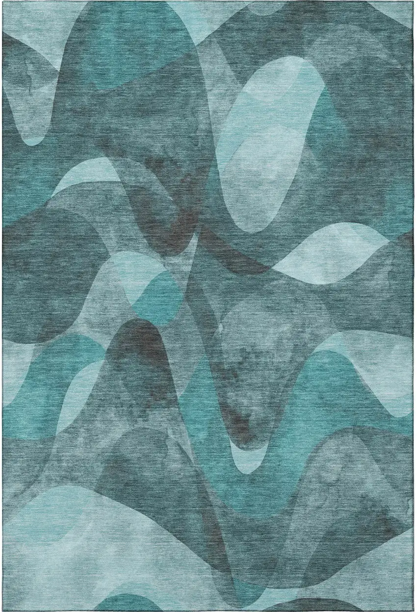 Teal And Ivory Abstract Washable Area Rug With UV Protection Photo 3