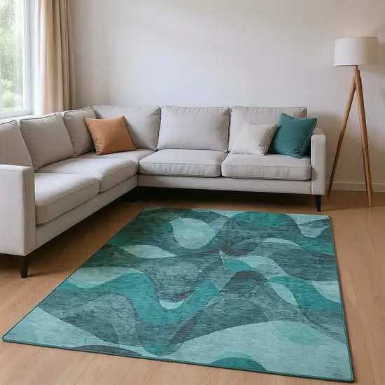 Teal And Ivory Abstract Washable Area Rug With UV Protection Photo 2