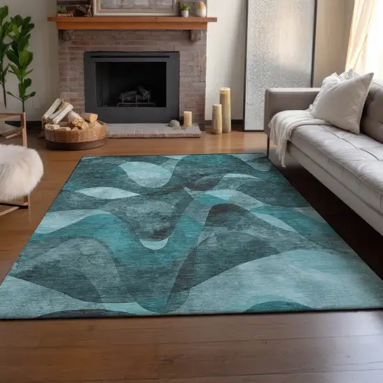 Teal And Ivory Abstract Washable Area Rug With UV Protection Photo 6