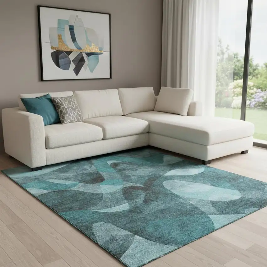 Teal And Ivory Abstract Washable Area Rug With UV Protection Photo 1