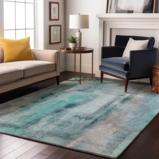 Teal And Ivory Abstract Washable Area Rug With UV Protection Photo 5