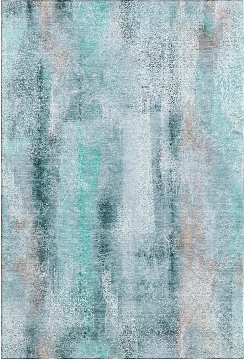 Teal And Ivory Abstract Washable Area Rug With UV Protection Photo 1