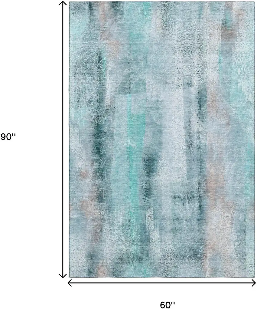 Teal And Ivory Abstract Washable Area Rug With UV Protection Photo 3