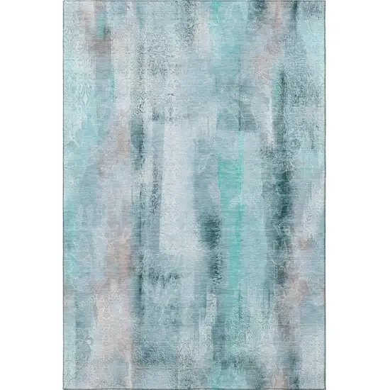 Teal And Ivory Abstract Washable Area Rug With UV Protection Photo 4