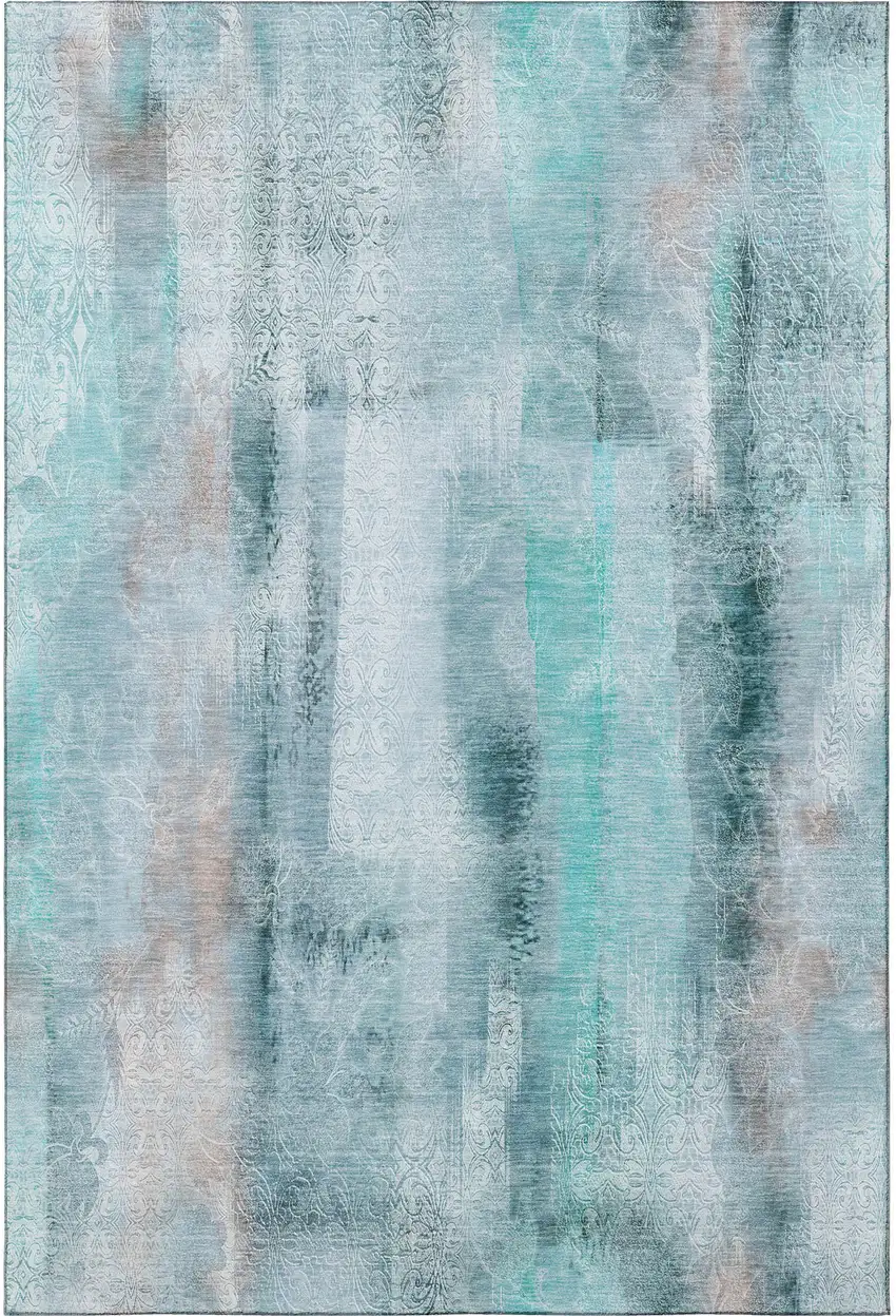 Teal And Ivory Abstract Washable Area Rug With UV Protection Photo 4