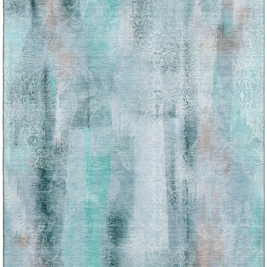 Teal And Ivory Abstract Washable Area Rug With UV Protection Photo 3