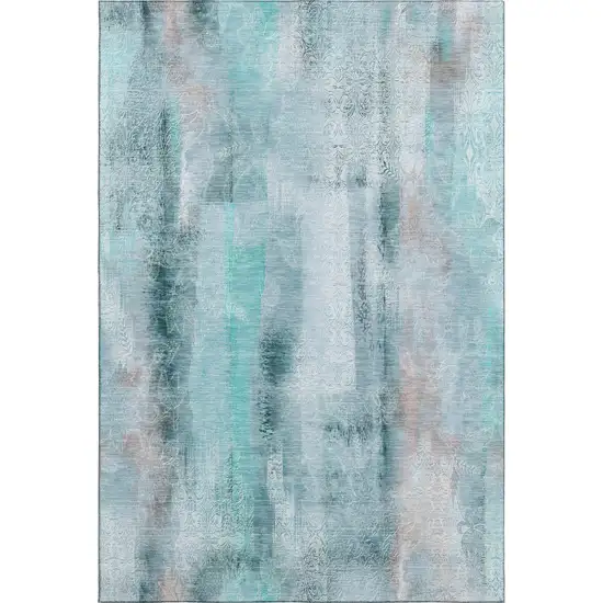 Teal And Ivory Abstract Washable Area Rug With UV Protection Photo 1