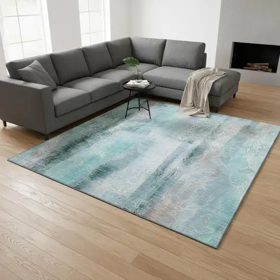 Teal And Ivory Abstract Washable Area Rug With UV Protection Photo 2