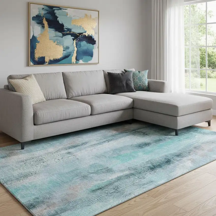 Teal And Ivory Abstract Washable Area Rug With UV Protection Photo 1